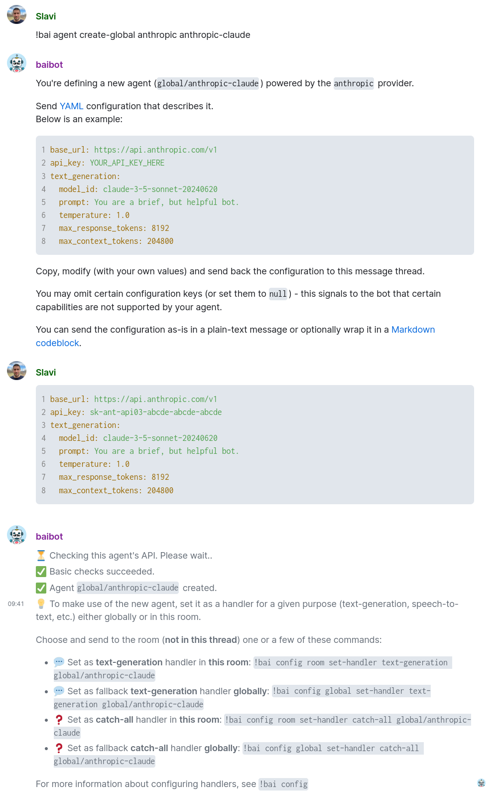 baibot's reply to an agent-creation command: a sample YAML config with the api_key line to replace