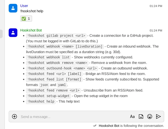 Help message by the Hookshot bot
