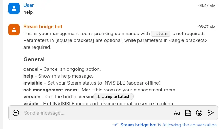 The output returned after sending help