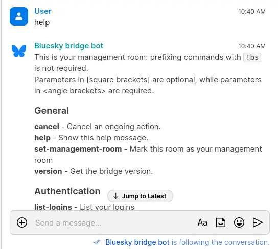 The output returned after sending help