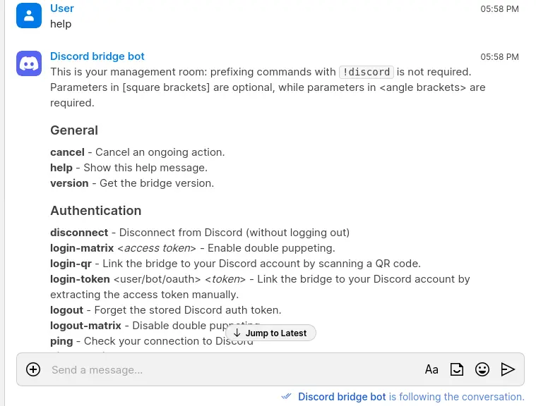 The output returned after sending help