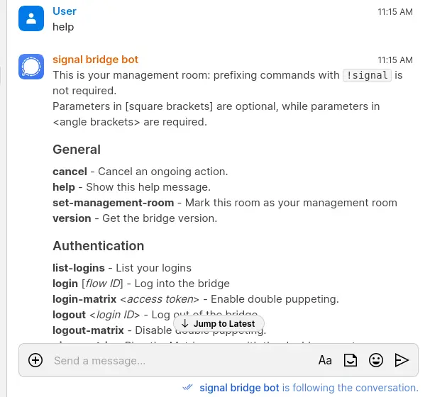 The output returned after sending help