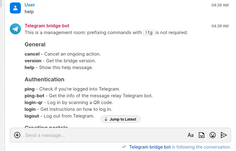 The output returned after sending help