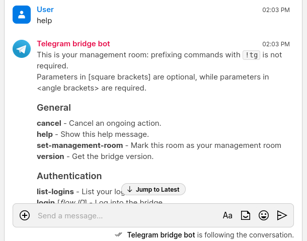 The output returned after sending help