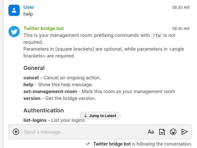 The output returned after sending help