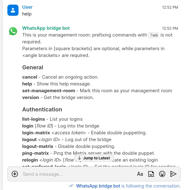 The output returned after sending help