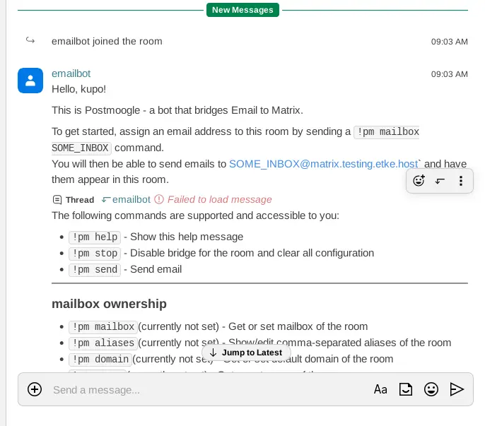Help message by the Postmoogle bot