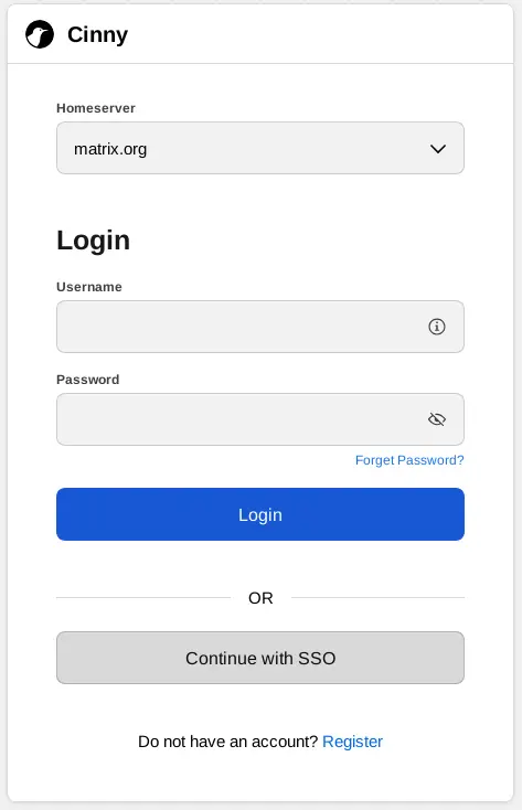 SSO example for the Cinny client app when configured to use SSO