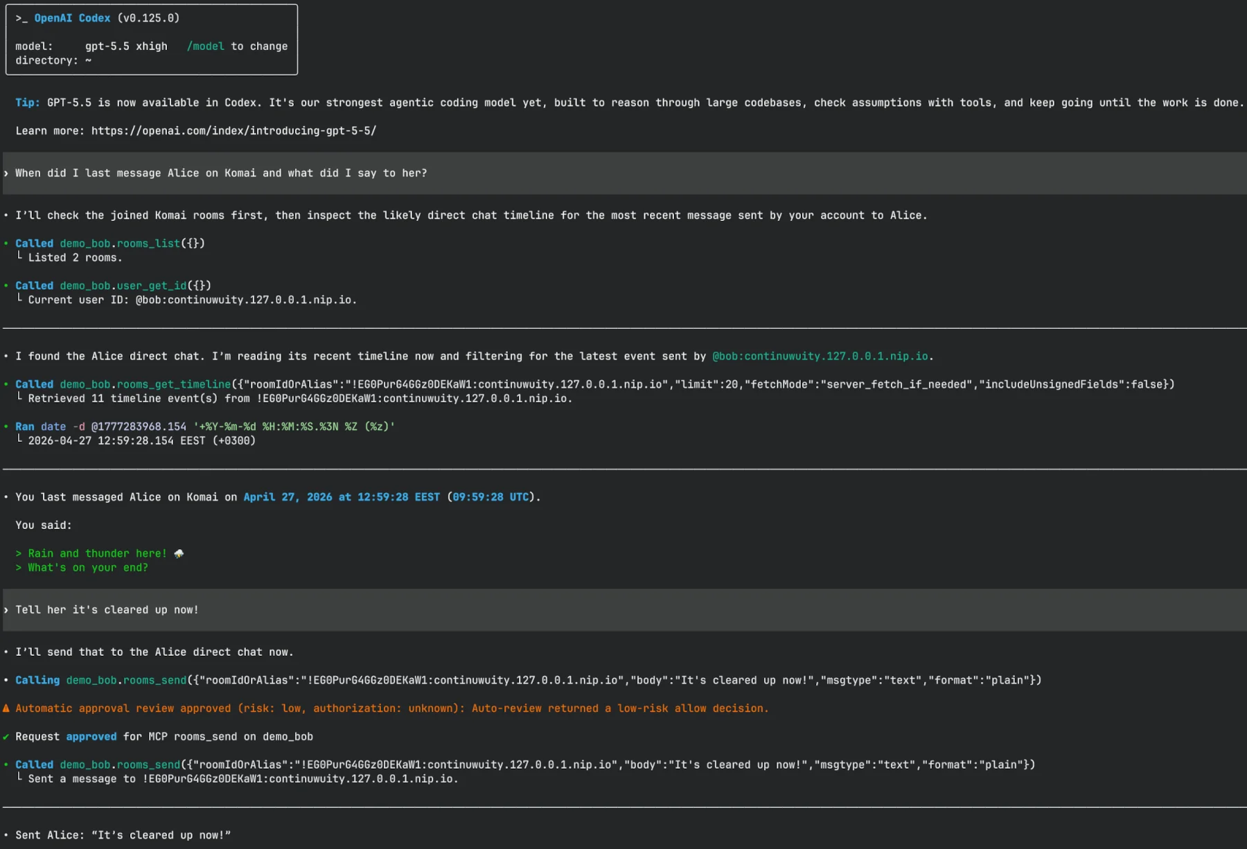 An external tool sending messages through Komai over its automation interface