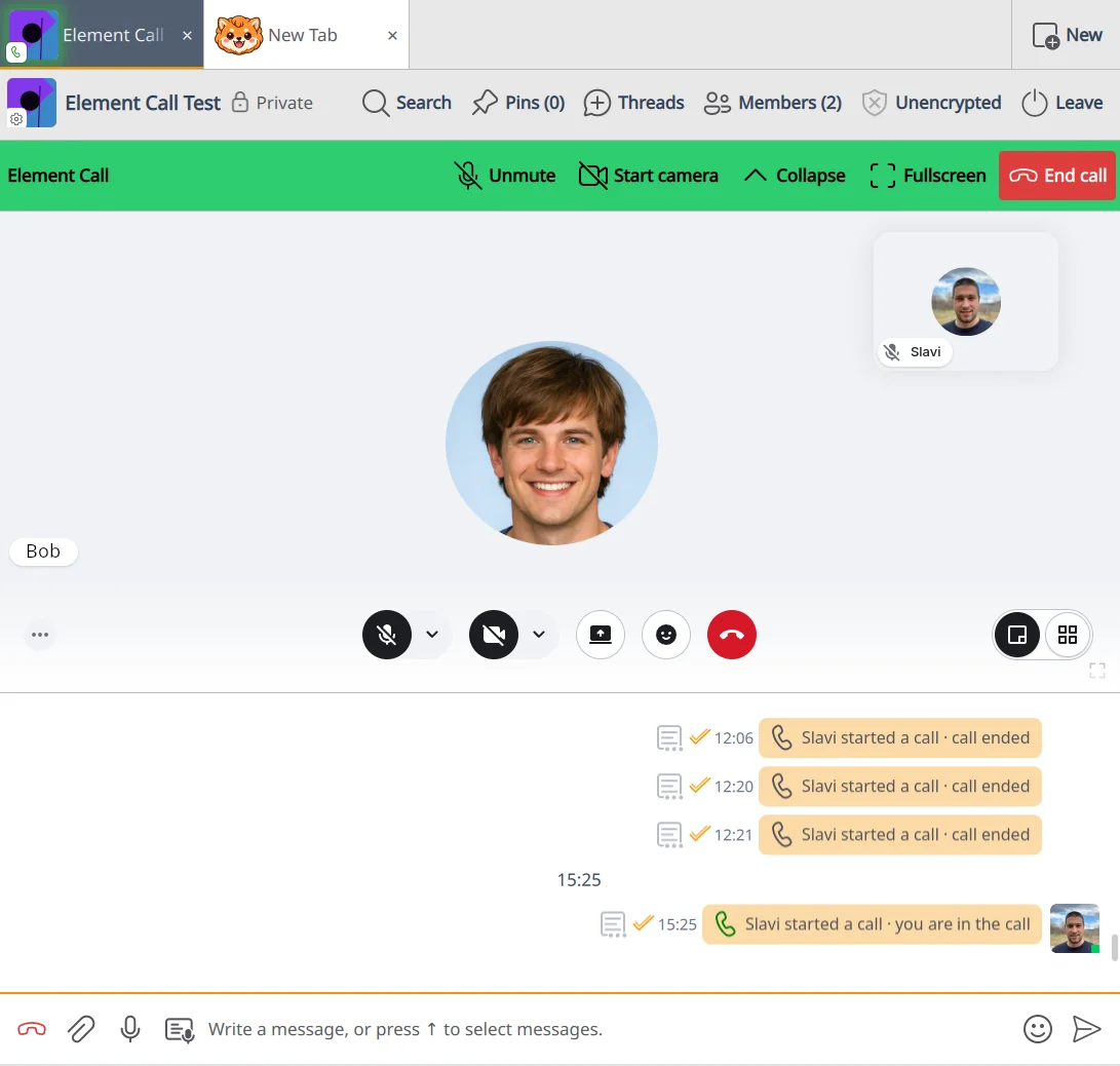 An Element Call voice and video call running inside Komai