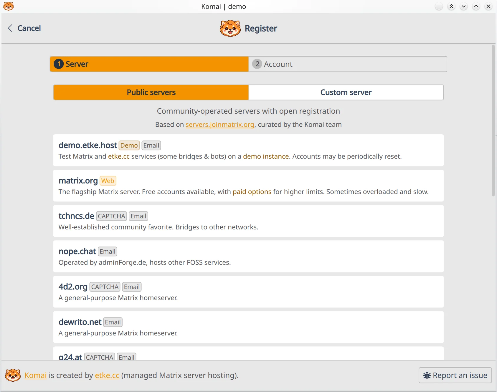 Komai registration page