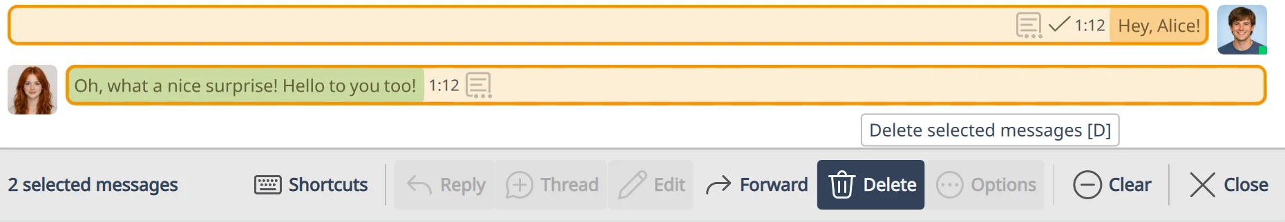 Several messages highlighted at once in the Komai timeline with a batch-action toolbar