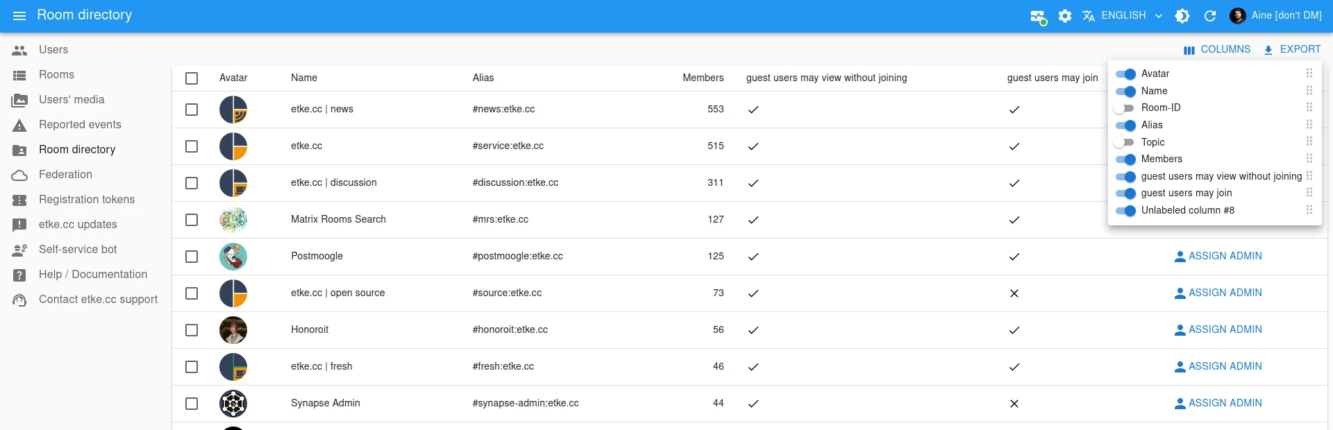 Synapse Admin Room Directory Page