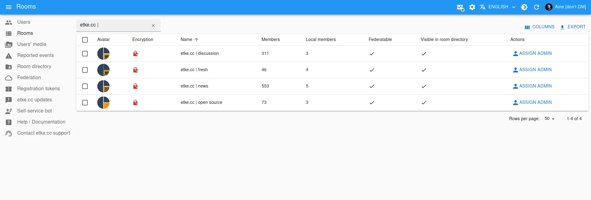 Synapse Admin Rooms Page